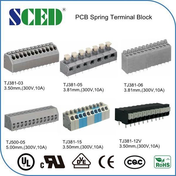 3.50mm PCB Spring Terminal Block Grey Plastic Housing Brass Pin