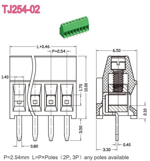 2.54mm PCB Terminal Block Brass Green Right  Angle Wire Inlet