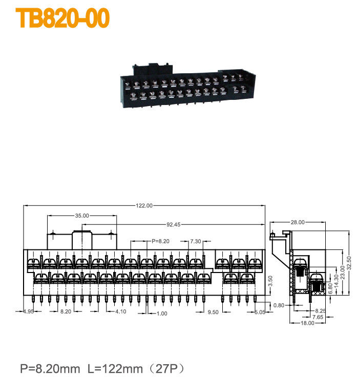 Double Rows  Electric Terminal Block 27 Poles M3 Screw 10A 300V Brass Barrier