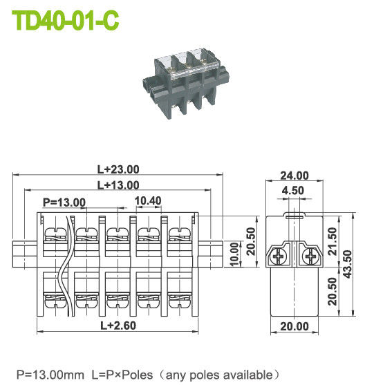 40A Panel Mount Power Terminal Block Connector Perforation Pitch 13mm M5 Screw