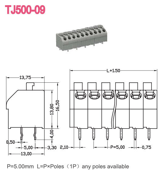 Pitch 5.0mm Spring Terminal Block 2-24 Poles Brass 300V/10A Screwless PA66