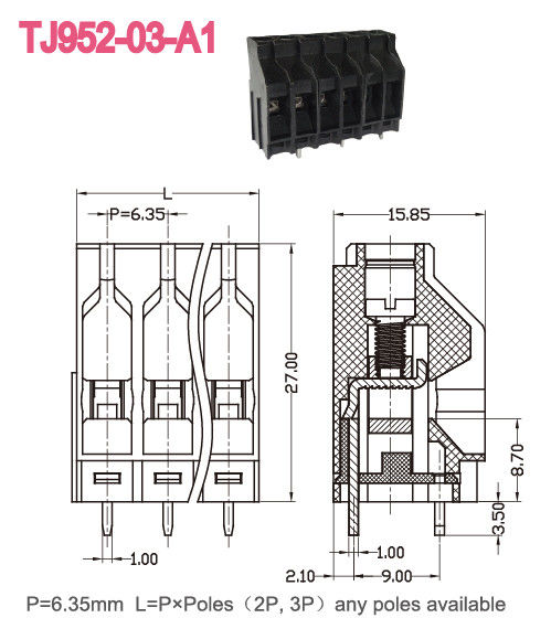 Black PCB Screw Terminal Block 6.35mm Pitch 30A UL94-V0 30A 10-22 AWG