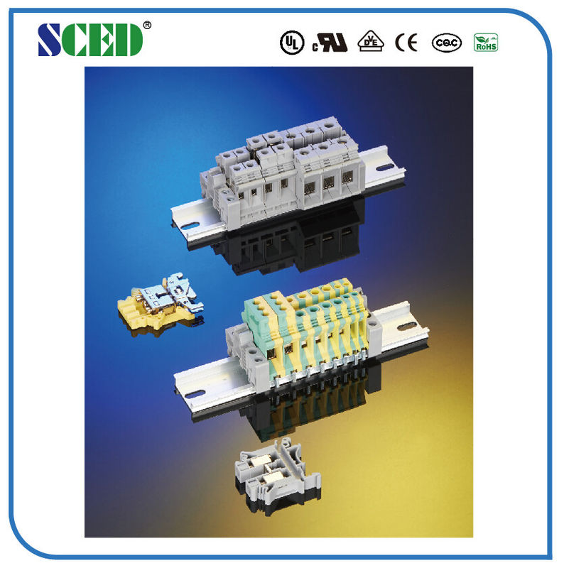 Ground Din Rail Terminal Blocks 4mm2 Brass 6.2mm 26-10 AWG M3 Screw Green and Yellow