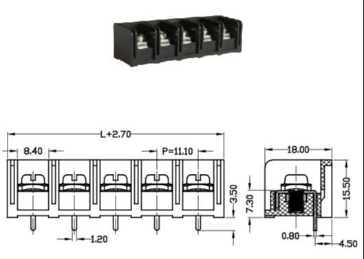 11mm Pitch Black 20A Barrier Terminal Blocks With 2-12 Poles Brass PBT