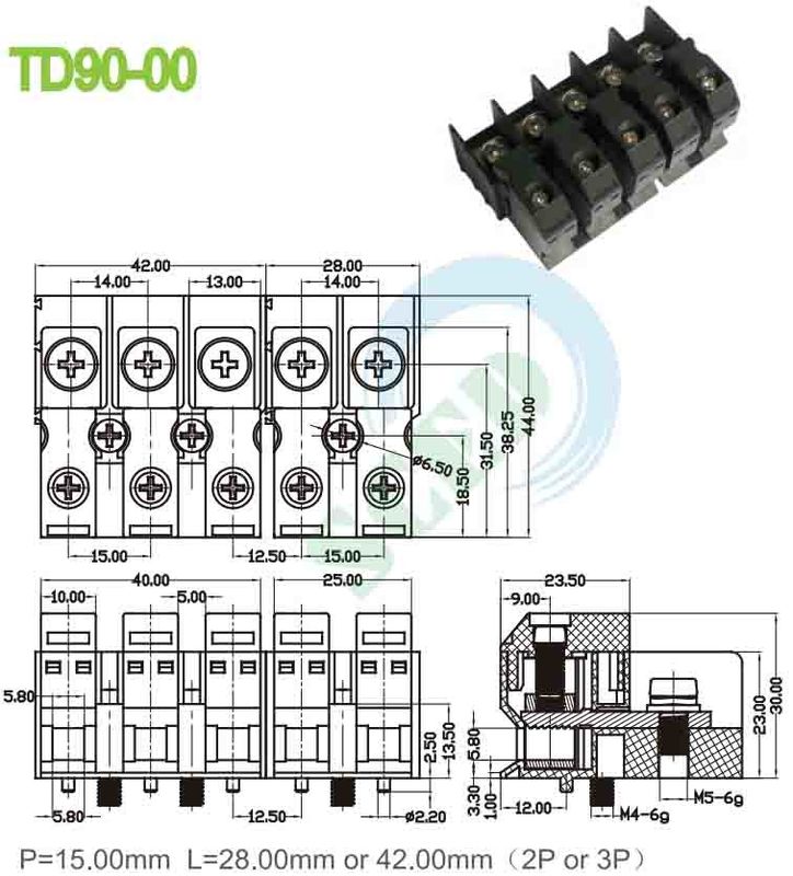 Feed Through 90A 600V PA66 M5 Perforation Terminal Block 15.00mm 4-20 AWG