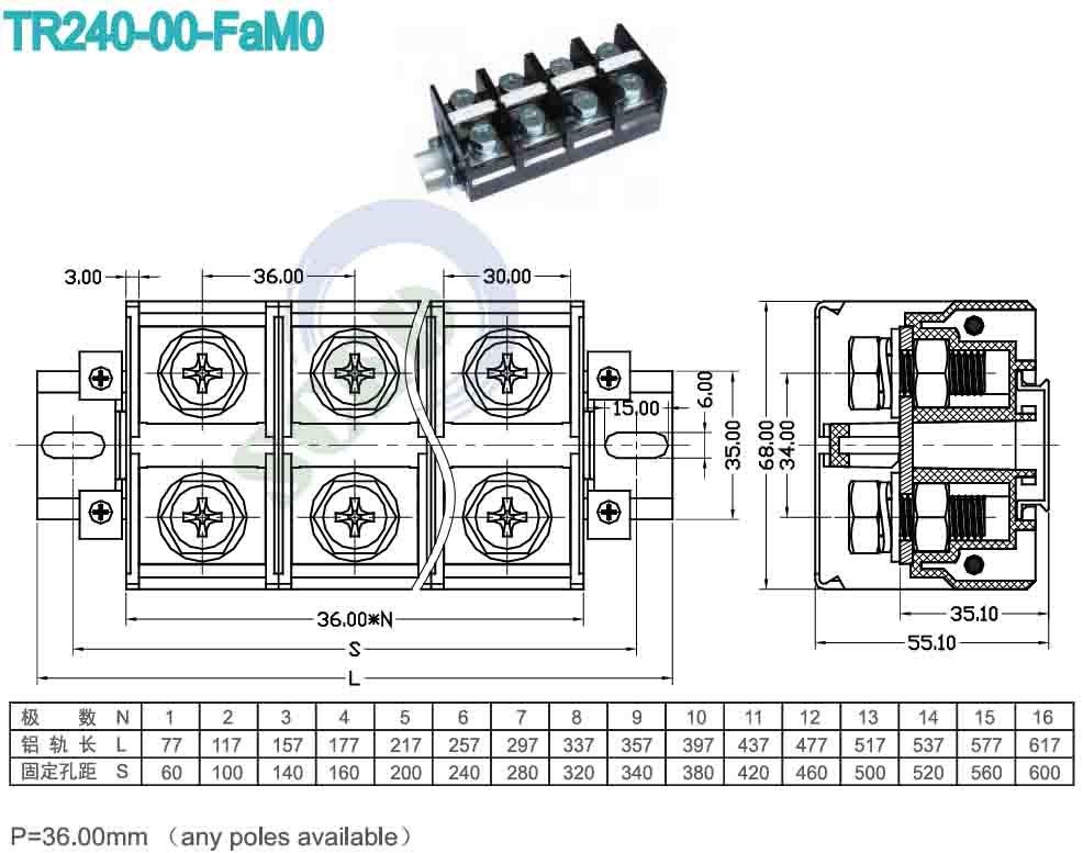 36.0mm 240A High Current Terminal Block Right Angle PCB Barrier PC Terminal Blocks
