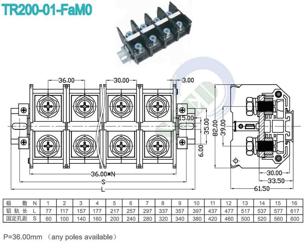 Pitch 36.00mm PC M10 Brass Terminal Block Connectors 200A 600V PCB Terminal Blocks