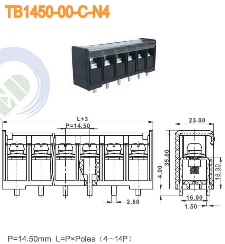 Barrier Terminal Block PBT Pitch 14.50mm 600V 40A 4-14P M5 Power Terminal Block