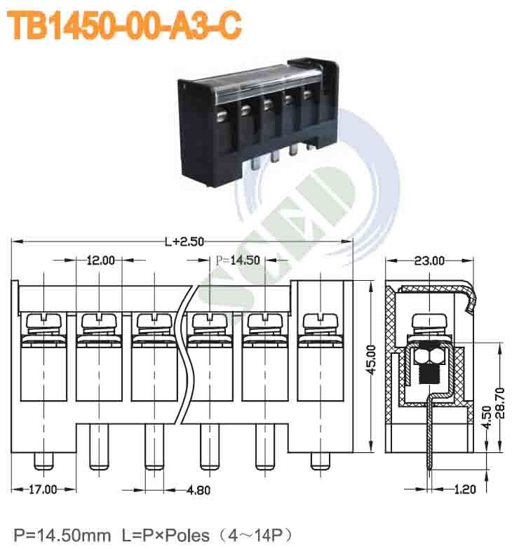 Barrier Terminal Block Pitch 14.50mm 600V 40A 4-14P Steel M5 Power Terminal Block