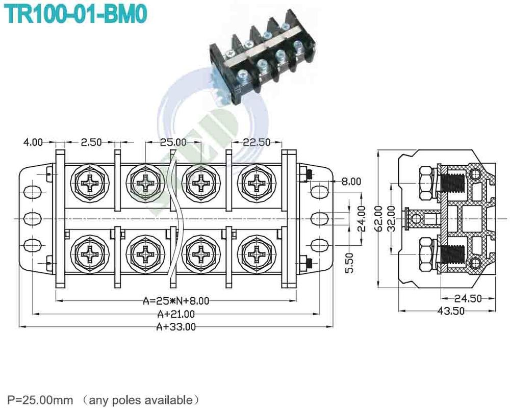 101A 600V High Current Terminal Block Connector 25.00mm 2-20AWG 38mm2 Terminal Block