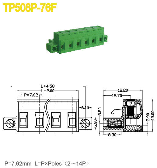 Plug - in Terminal Block   Pitch 7.62mm   300V 18A   2P - 14P   Plug   Female